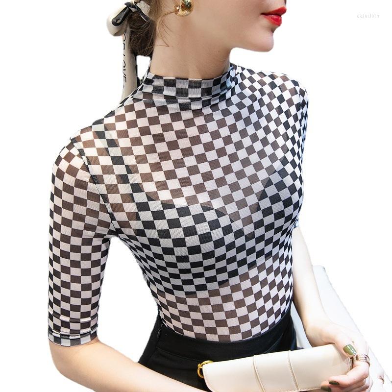 

Women's T Shirts Half-sleeved Top 2023 Autumn Early Mid-neck Mesh Yarn Bottom Shirt Plaid Print Small High-neck European Goods, Black and white