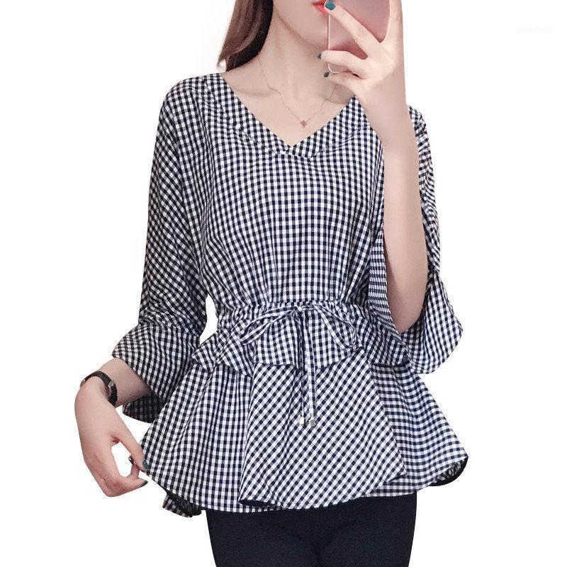 

Women's Blouses Spring Summer Style Cotton Shirts Elegant Lace Up Bow Plaid Ruffles Vintage Tops SP627 &, Black