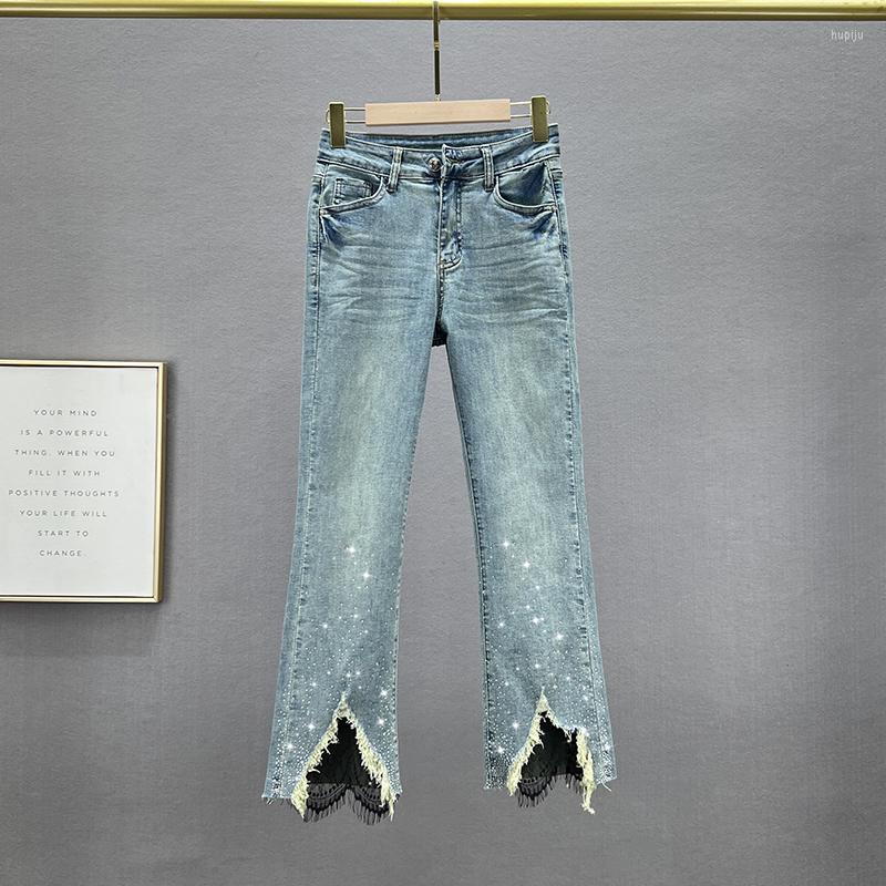 

Women' Jeans Women' Rhinestone 2023 Summer Stretchy Denim Pants High Waist Slim Jean Street Woman Lace Stitching Flare, Retro blue