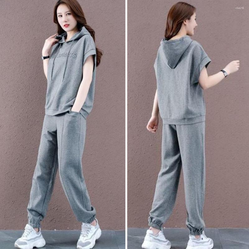 

Women's Two Piece Pants 2 Pcs/Set Women Summer Tracksuit Drawstring Short Sleeves Sports Lady Sweatshirt Trousers Suit Clothes, Black