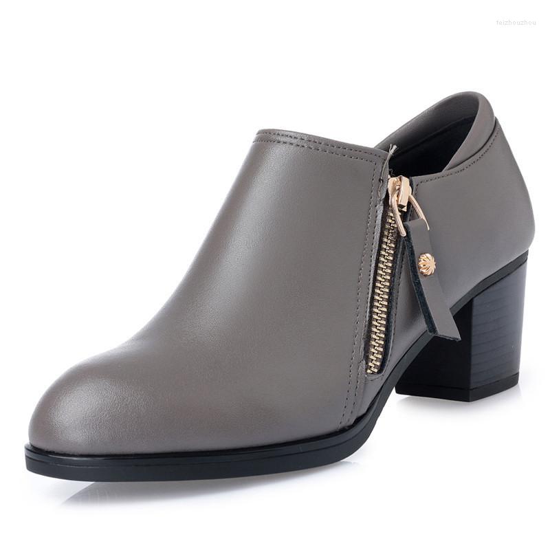 

Dress Shoes Genuine Leather Woman 2023 Autumn Round Toe Singles Cowhide Thick Heel With Large Size 35-43 Of, Gray