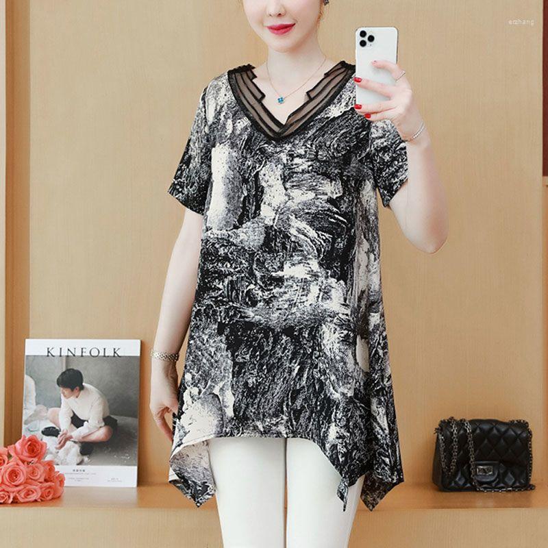 

Women's T Shirts 2023 Vintage Ink Painting Printed T-shirt Summer V-Neck Loose Gauze Spliced Female Clothing Chic Diamonds Irregular, Black
