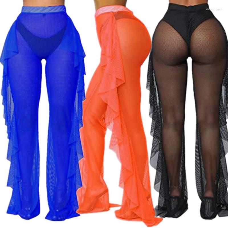 

Women' Swimwear Summer Sexy Ruffle Women Beach Cover Ups Mesh Sheer Wide Leg Pants Transparent Holiday Female Bikini Trouser Pantalon, Black