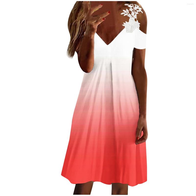 

Casual Dresses Lace Trim Flower Cold Shoulderdress Gradient Ruffle Midi V-neck Holiday Summer Sweet Beach Clothing Vestidos, Red