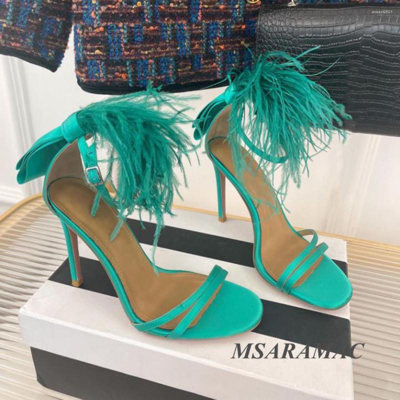 

Sandals Sexy Green Silk Feather High Heel Real Leather Lining Round Toe Lace Buckle Dress Shoes Summer Women, Black
