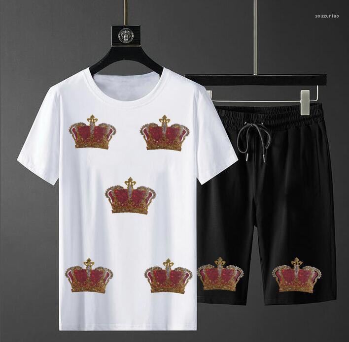 

Men' Tracksuits -4XL Fashion Rhinestone Anime Heavy Industry Streetwear Skulls Tracksuit T-shirt Men Short Sleeves Men' Suit, As picture shown