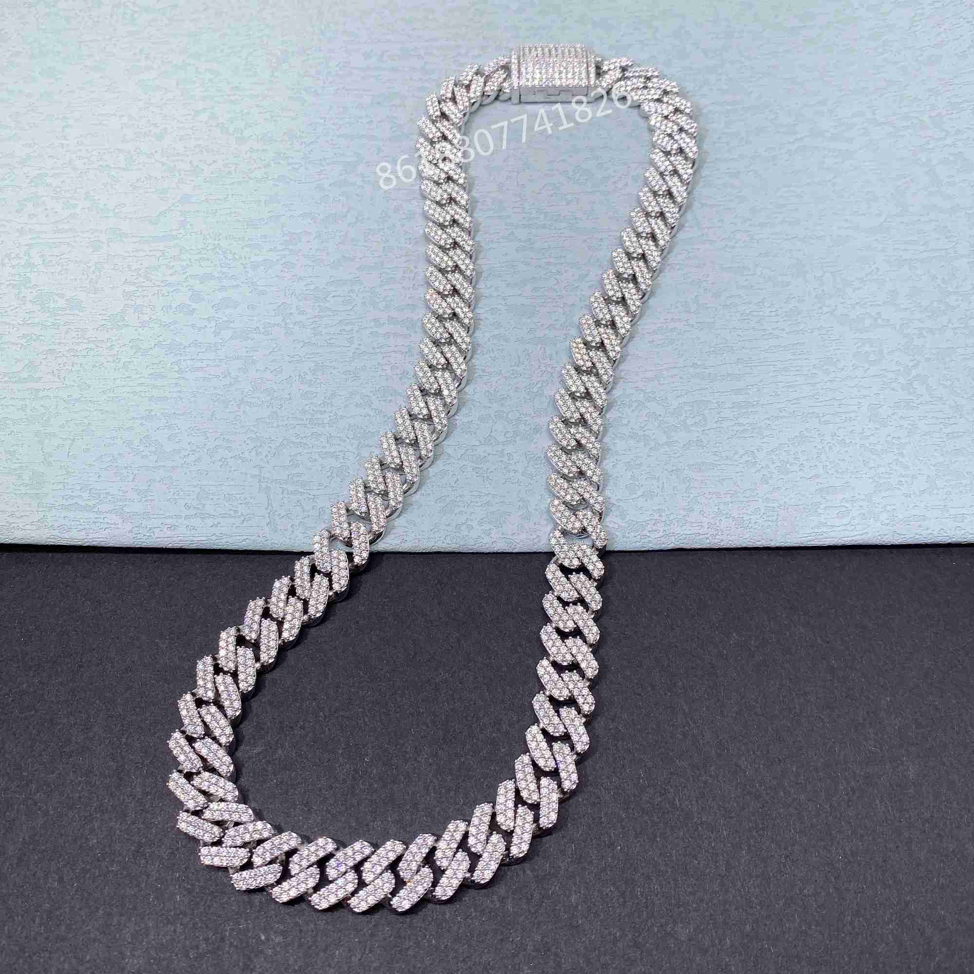 

Hot Selling 12mm Width Two Rows 925 Silver Gold Plated Vvs Moissanite Hip Hop Jewelry Iced Out Miami Diamond Cuban Chain