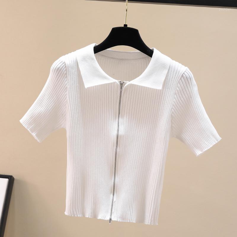 

Women's T Shirts Knitted Crop Top Shirt Women Fashion Zipper Tee Short Sleeve Slim 2023 Summer Turn-Down Collar Clothes Woman T-Shirts, Black