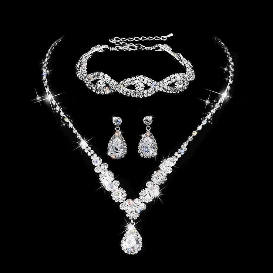 

Full Diamond Necklace Link Bracelet Earrings Zircon Crystal Clavicle Chain Suit