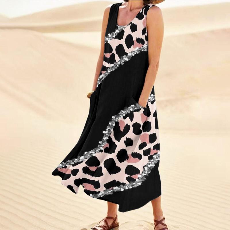 

Casual Dresses Womens Elegant Printed Round Neck Pockets Long Dress Daily Tank, Blue