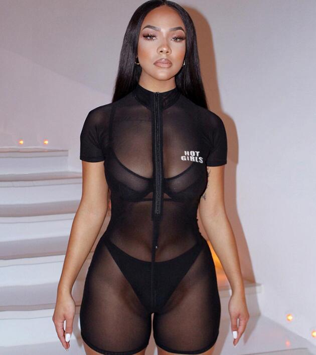

Women' Jumpsuits & Rompers Woman Short Sleeve Mesh Jumpsuit Letter Printed Front Zipper Sheer Bodysuit -L 93258, Black