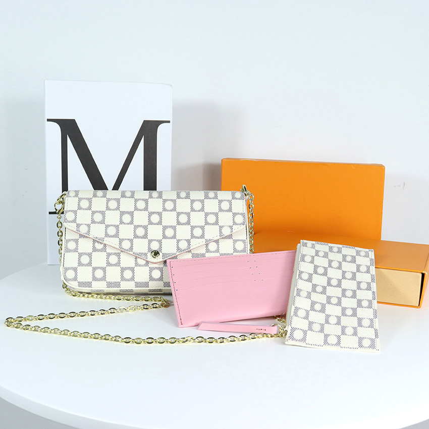 

Set of Three Pochette Women's Chain Bag Wallet Messenger Bag Leather Handbag Shoulder High Quality Flower Wallet Bag 06, #1