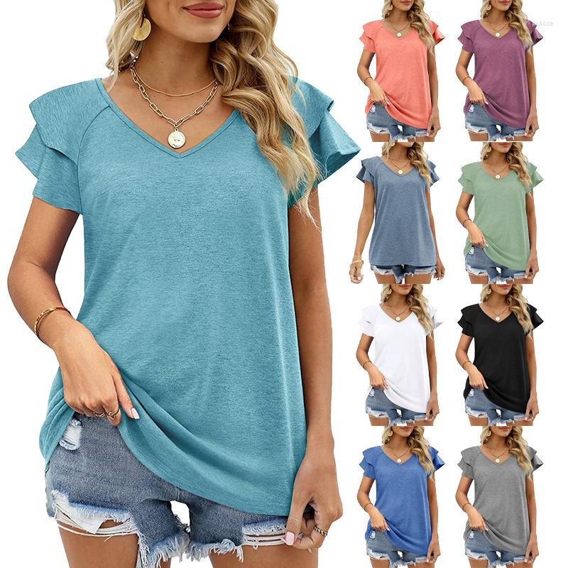 

Women's T Shirts Loose Summer Women Tops Tees Solid Color 2-layer Scalloped Edges Short Sleeves V-neck Cotton, Blue grey