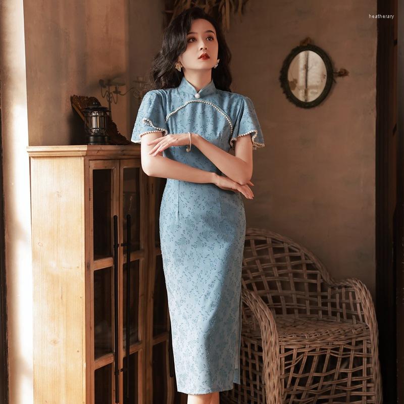

Ethnic Clothing Exquisite Women Slim Qipao Blue Flower Sexy Lace Dress Summer Short Sleeve Robe Gown Chinese Ladies Evening Party Cheongsam