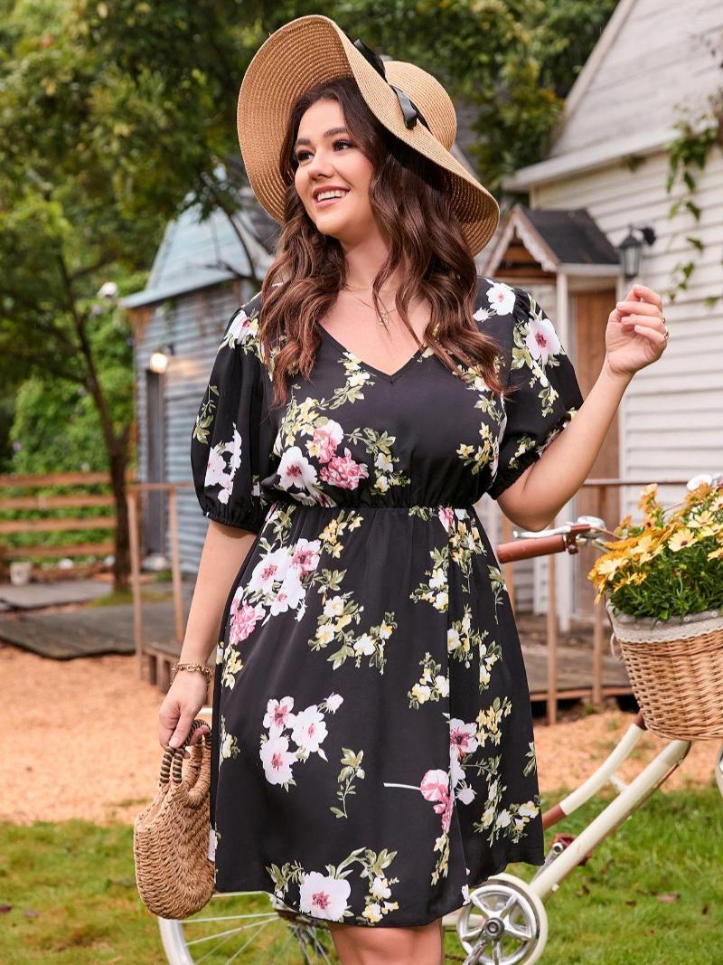 

Plus Size Dresses 4XL Women Summer 2023 Black Floral Print Midi Dress Loose Half Sleeve V Neck Causal Curvy Chic Elegant Ladies