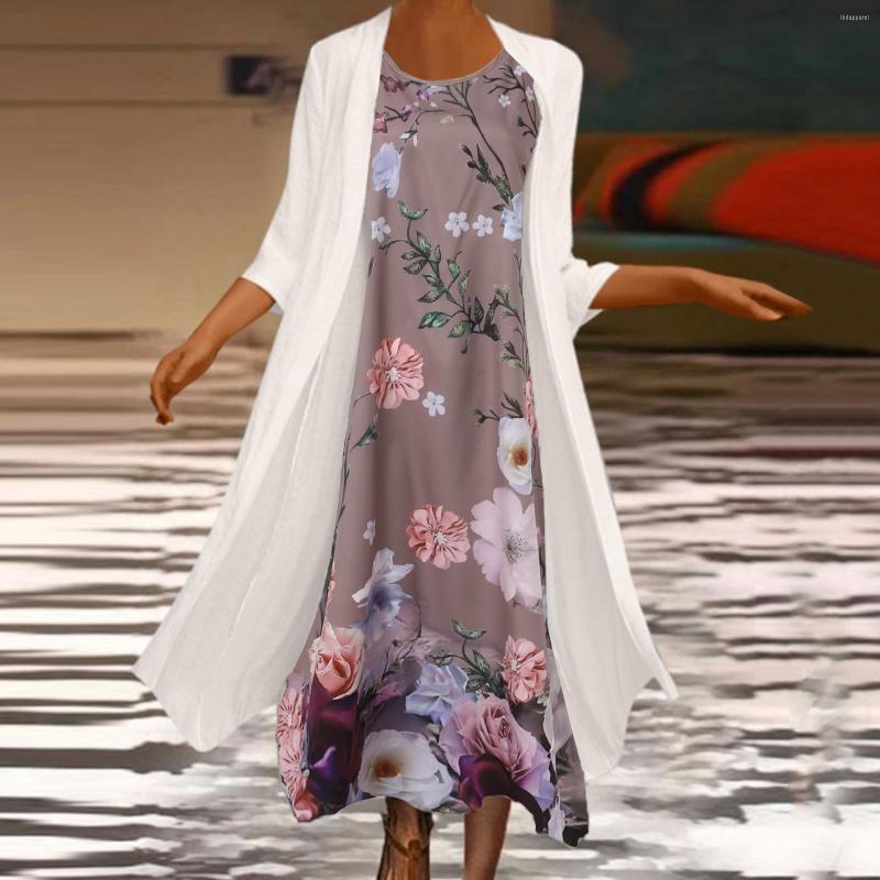

Casual Dresses Vintage Print Elegant Maxi Dress Two Piece Set Long Cardigan 3/4 Sleeve Floral Printed Round Neck Outfits Suit Harajuku, Khaki