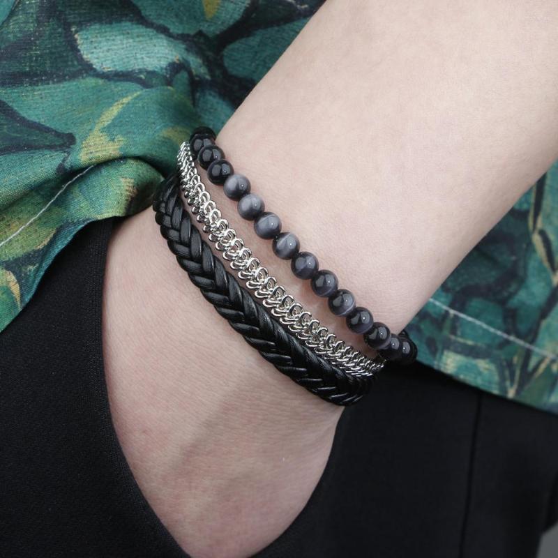 

Bangle Trendy Volcanic Rock Leather Stainless Steel Braided Bracelet Punk Cool Multilayer For Men Birthday Gift