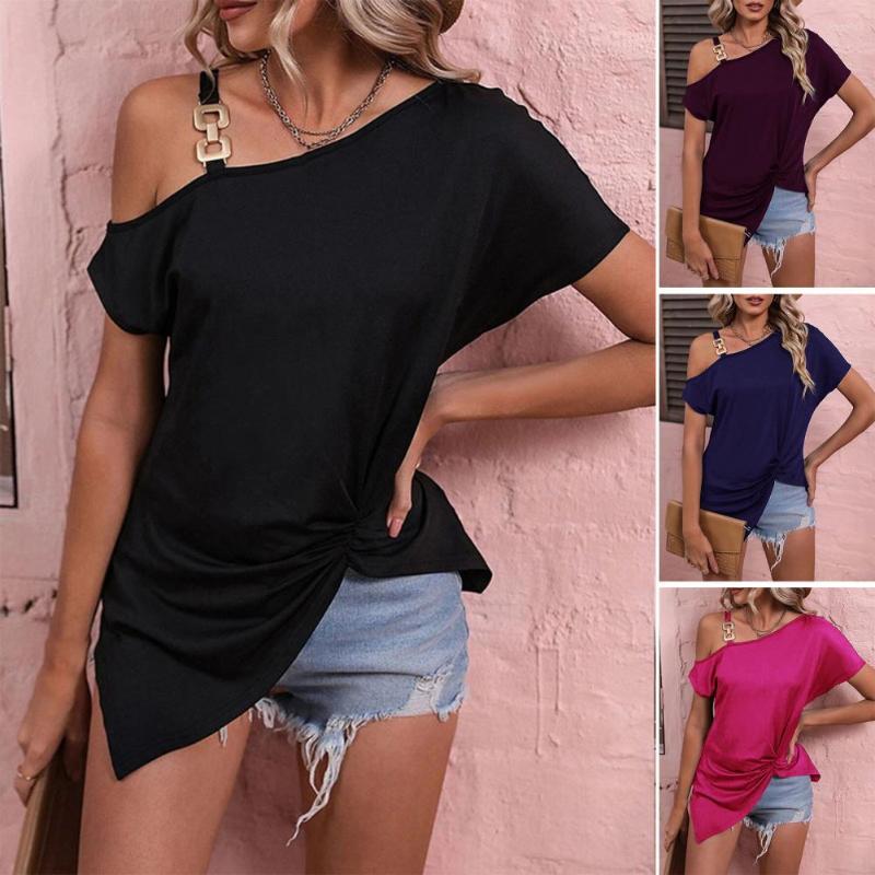 

Women's Blouses Women Top Chain Shoulder Strap Short Sleeve Summer Tops Chic Irregular Hem Shirring Lady T-shirt Skew Collar One, Black