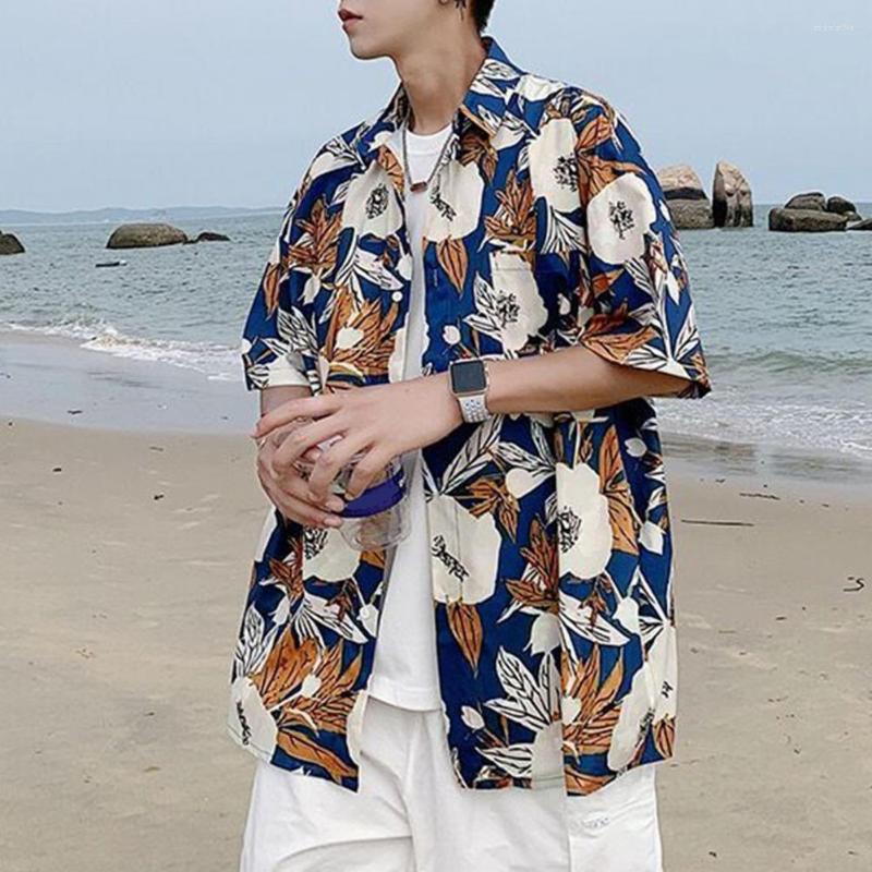 

Men's Casual Shirts Men Shirt Lapel Short Sleeve Buttons Closure Thin Beach Summer Floral Printed Hawaiian Streetwear, Light blue