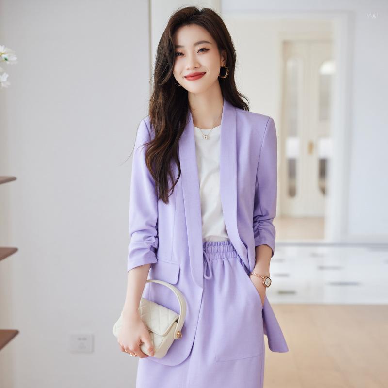 

Two Piece Dress High Quality Fabric Ladies Office Work Wear Suits With Tops And Skirt For Women Business Professional Blazers Spring Summer, Purple blazer coat