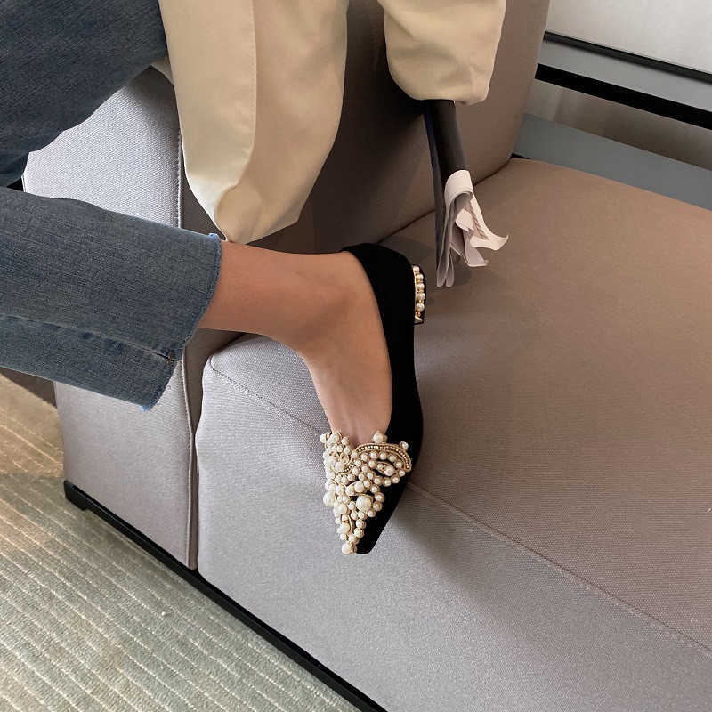 

Sandals New Trend Pearl Ballet Flats Women Pumps Floors Shoes Without Heels Loafers Female Dress shoes Ladies Luxury 230417, Black
