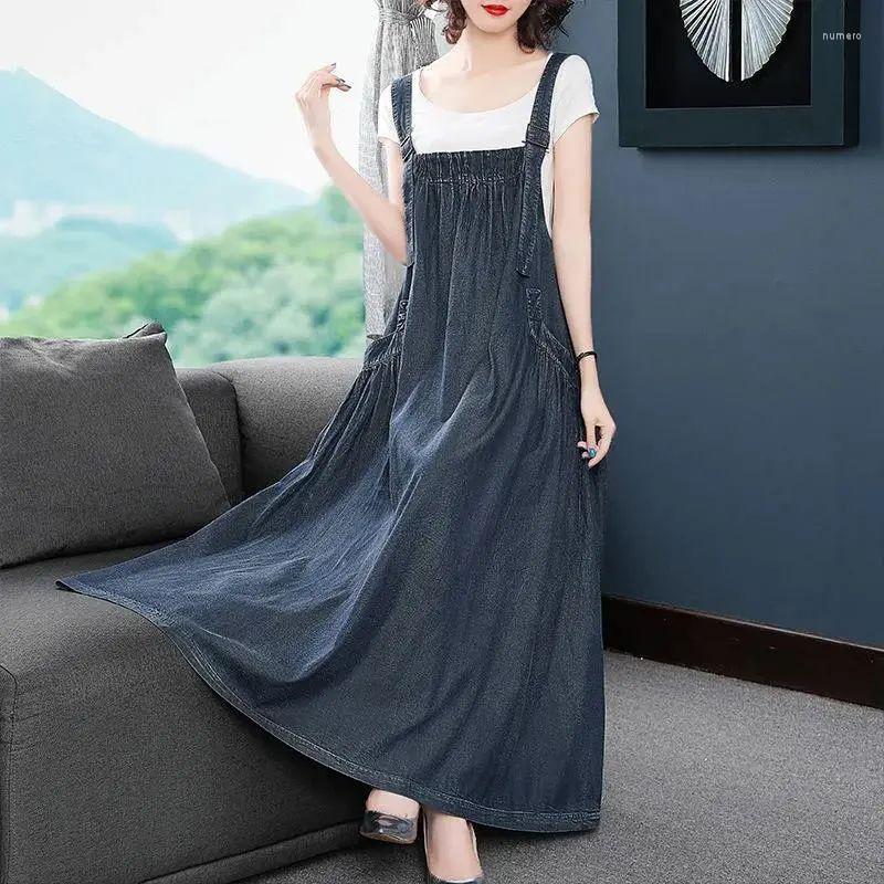 

Casual Dresses 2023 Spring Summer Denim Long Dress For Women Retro Loose Strap Swing, Blue