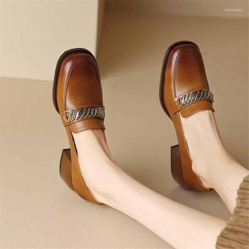 

Dress Shoes 2023 Cowhide High Heels Spring/summer Woman Chunky Heel Square Toe Women Pumps Handmade Office For, Black