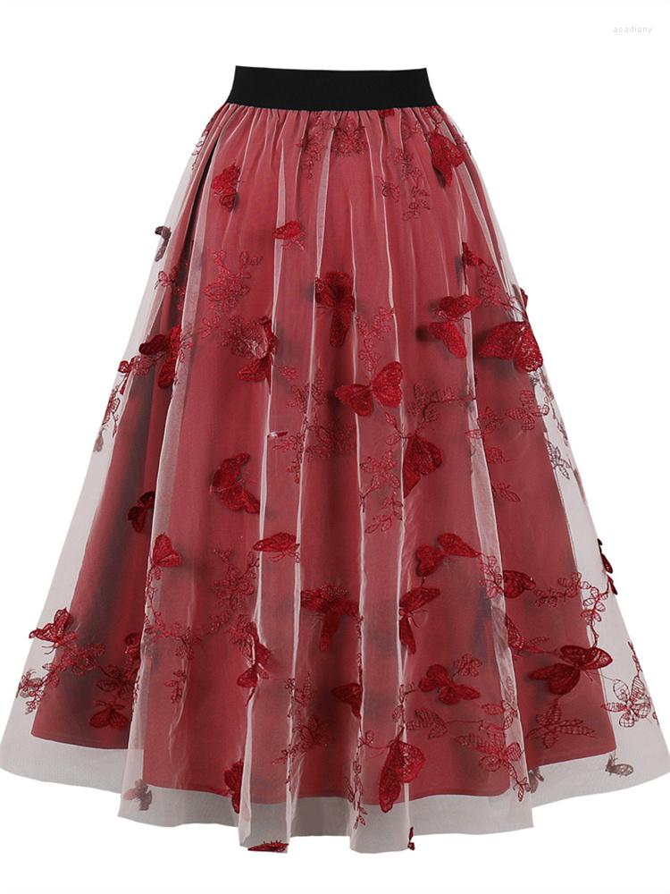 

Skirts 2 Layers Floral High Waist Long Mesh Skirt Tulle Women Spring Summer Elastic Pleated A-line Female Midi