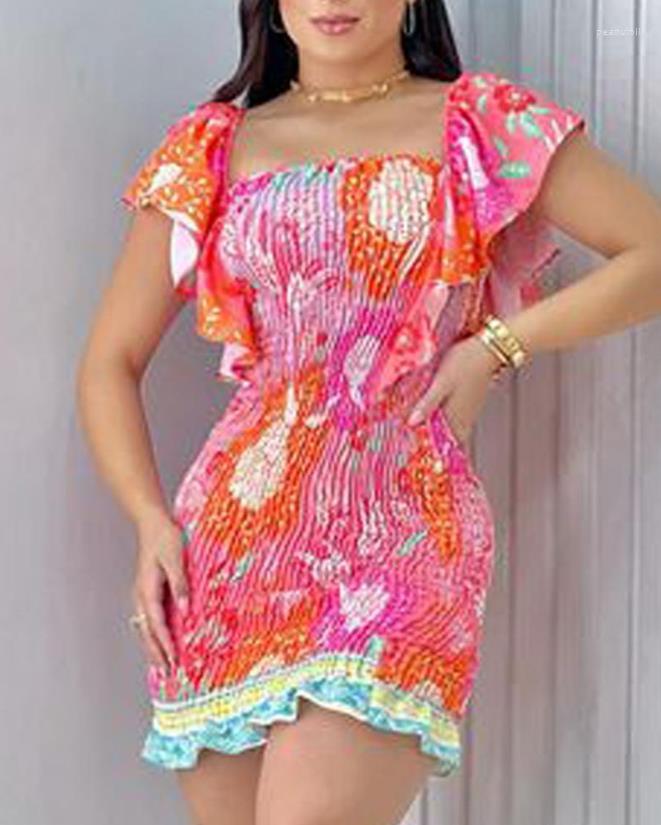 

Casual Dresses For Women 2023 Summer Sweet Floral Print Ruffle Hem Shirred Short Sleeve Square Neck Lady Straight Mini Dress