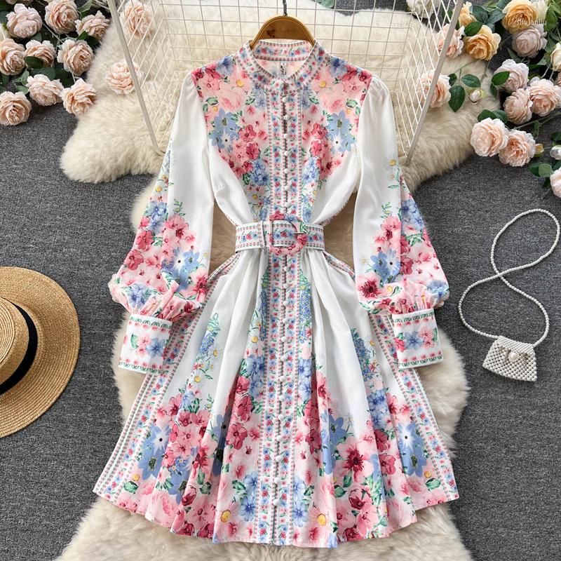 

Casual Dresses Elegant Lantern Long Sleeve Sundress Women Fashion O Neck Boho Flower Printing Shirt Dress Single Breasted Midi Robe Femme, White