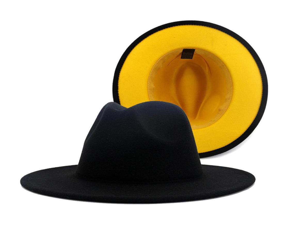 

Black with Yellow Bottom Patchwork Panama Wool Felt Jazz Fedora Hats with Black Felt Band Party Cowboy Trilby Gambler Hat4299672