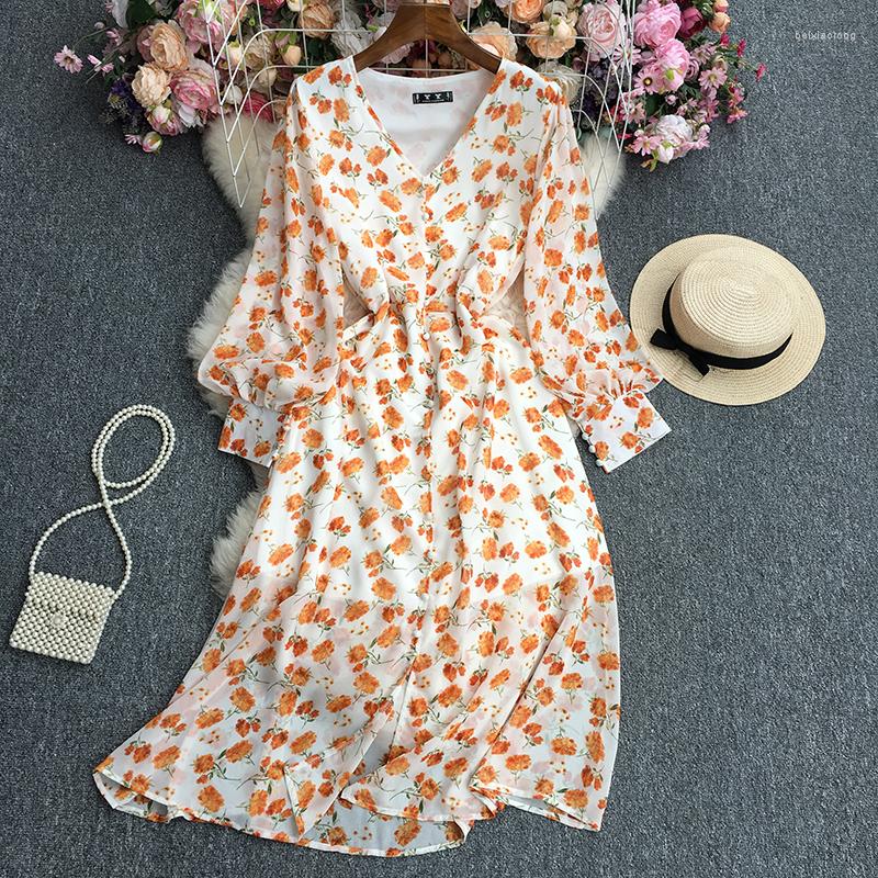 

Casual Dresses Fashion Chiffon Long Sleeve Women's Dress 2023 Spring Summer V-neck Floral High Waist Slinm A-line For Travel, Orange
