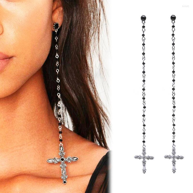 

Dangle Earrings Catholic Religious Silver Plated Cross Black Crystal 6" Long Brincos For Women Oorbellen Jewelry Orecchini