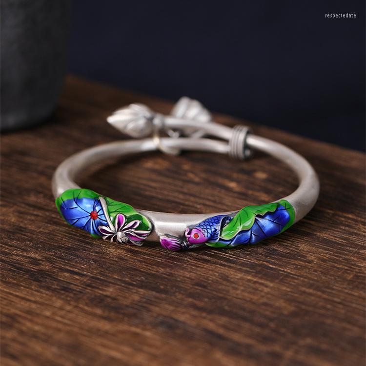 

Bangle Vintage Fashion Personality Koi Blue Lotus Push-pull Bracelet Unisex Open Banquet Jewelry Accessories Gift