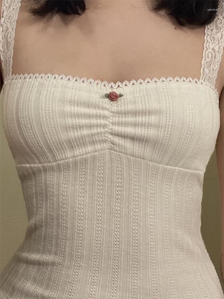 

Women' Tanks CHRONSTYLE Women Y2K Sleeveless Strap Lace Camis Crop Tops Streetwear 2023 Ribbed Bow Patchwork Slim Fit Tank Square Neck, White