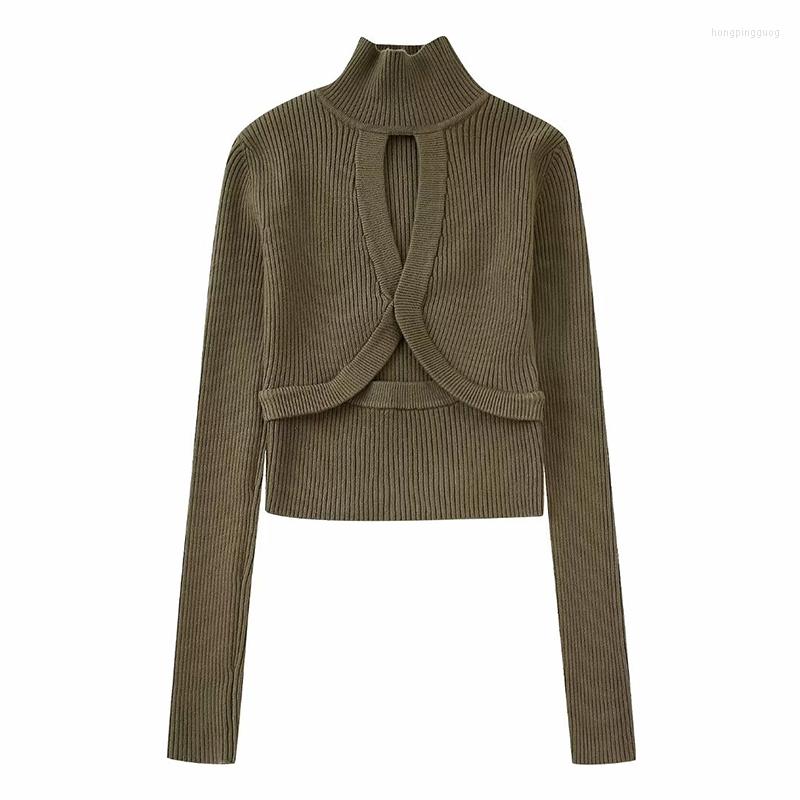 

Women's Sweaters KBAT 2023 Women Hollow Out Knitted Sweater Woman Khaki Pullover Crop Top Female Long Sleeve Turtleneck, As pictuer