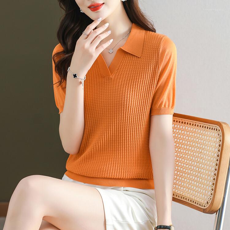 

Women's T Shirts Women Thin Silk T-Shirt 2023 Spring Summer Short Sleeve Lady Knitted, Green