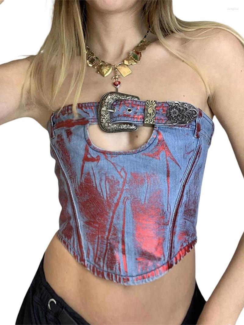 

Women' Tanks Women Strapless Tube Top Backless Buckled Hollowed Contrast Color Summer Ladies Vest For Club Party, Blue