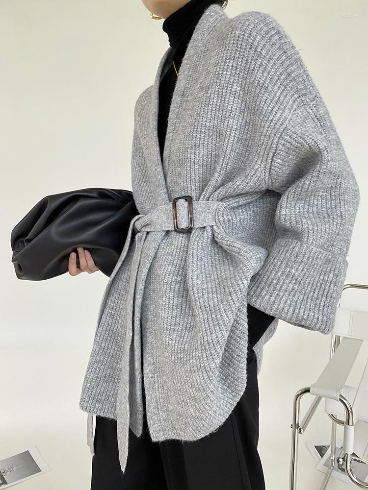 

Women's Knits Knitted Cardigans Sweater Women Vintage Loose Sashes Chic Long Sleeve Oversized Coat French Solid Casual Female Tops 2023, Dark gray