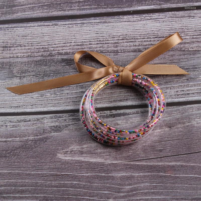 

Bangle 5pcs/set Cute Beads Bracelet Bowknot Glitter Bangles Set All Weather Stack Silicone Plastic Jelly Drop