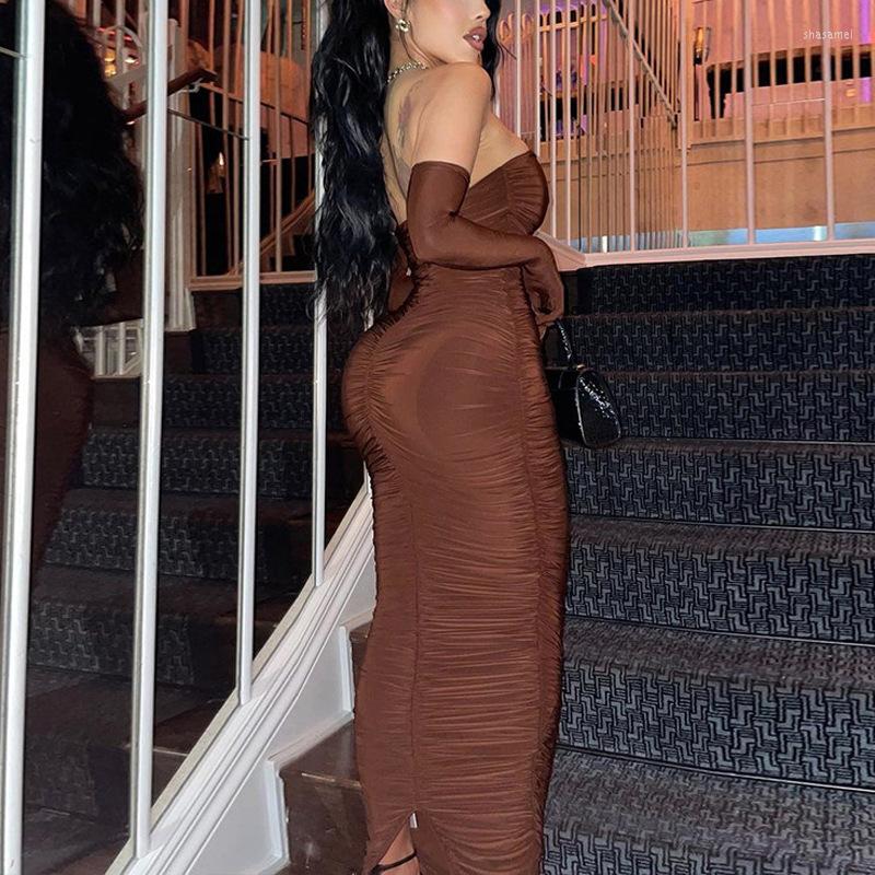 

Casual Dresses Women' Retro Style Decoration Body Bra Skirt With Sleeve Dress Long Pleated Tight Temperament, Coffee