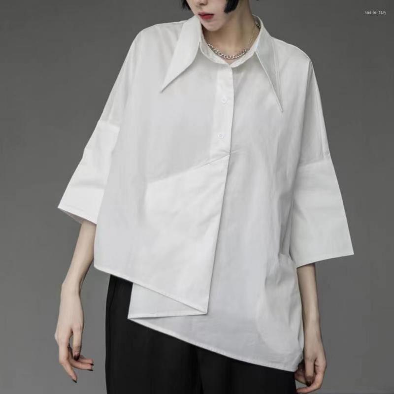 

Women' Blouses Women Shirt Irregular Hem Single-breasted Summer 3/4 Sleeves Pocket Unisex Top Solid Color Loose Lapel Spring, Black