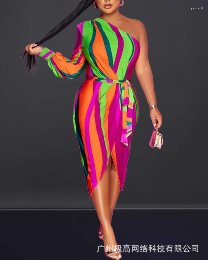 

Casual Dresses Colorblock One Shoulder Midi Dress Women Fashion Spring Summer Knee Length High Waist, Multicolor