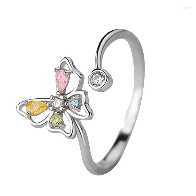 

Cluster Rings 1 Piece Women Fashion Creative Hollow Out Butterfly Ring Colorful Crystal Zircon Open Adjustable Finger Romantic Jewelry