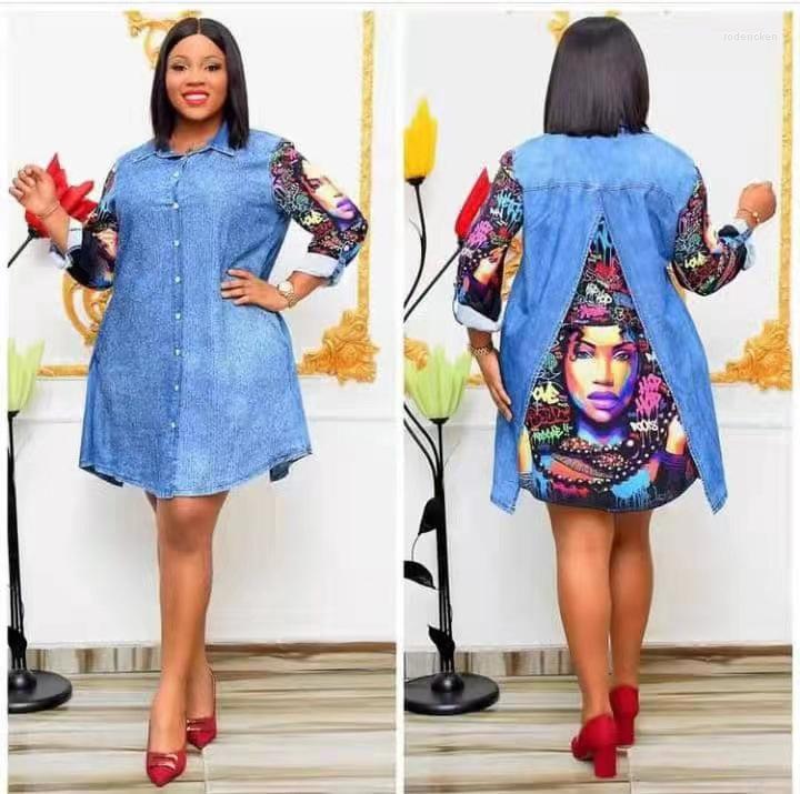 

Ethnic Clothing Summer African Dresses For Women 2023 Dashiki Denim Print Patchwork Dress Clothes Plus Size Casual Robes XL-4XL