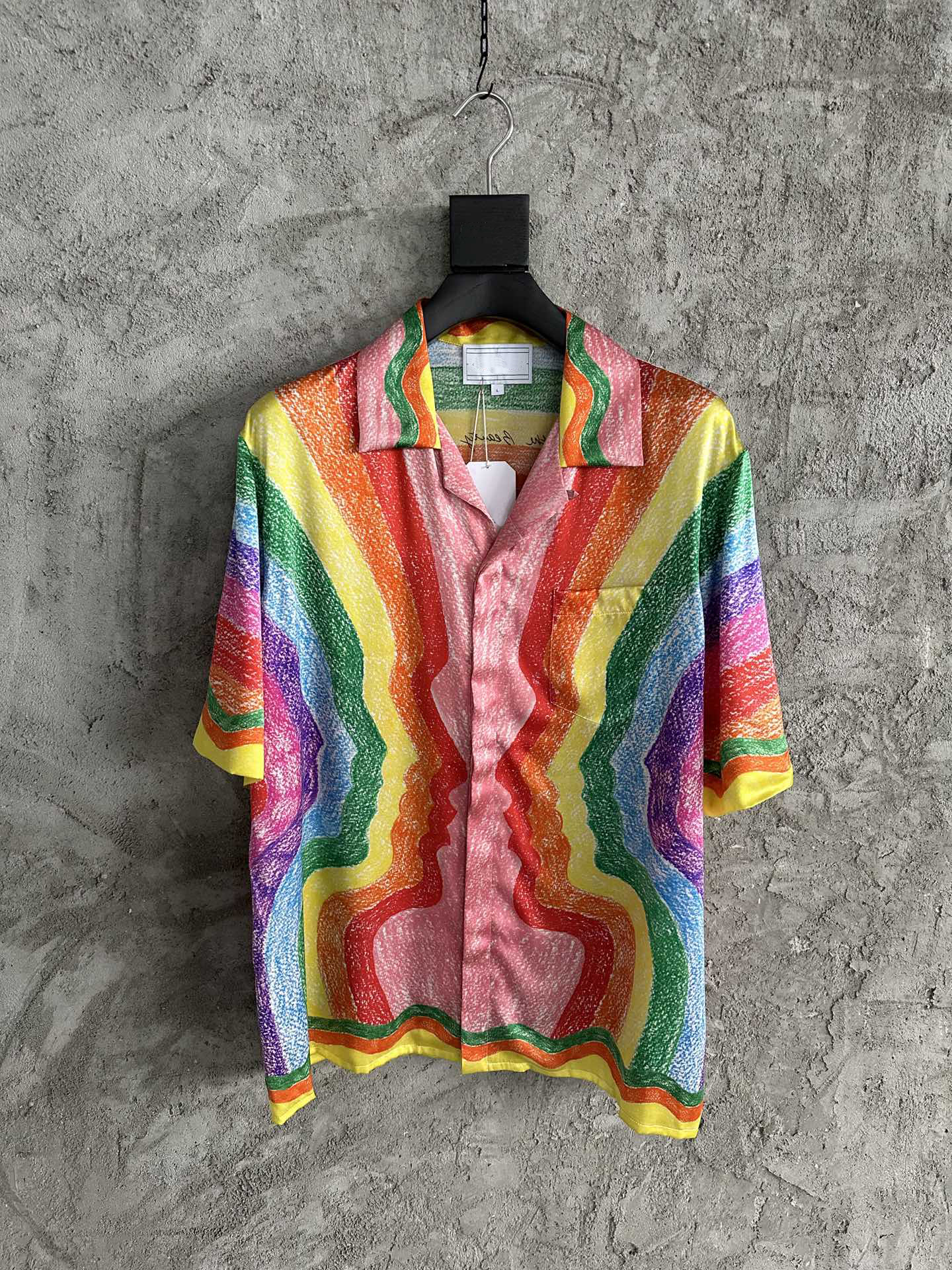 

Highquality silk shirt for men fashion rainbow stripe print US size shirt luxury brand designer casual short sleeved shirt, Multi
