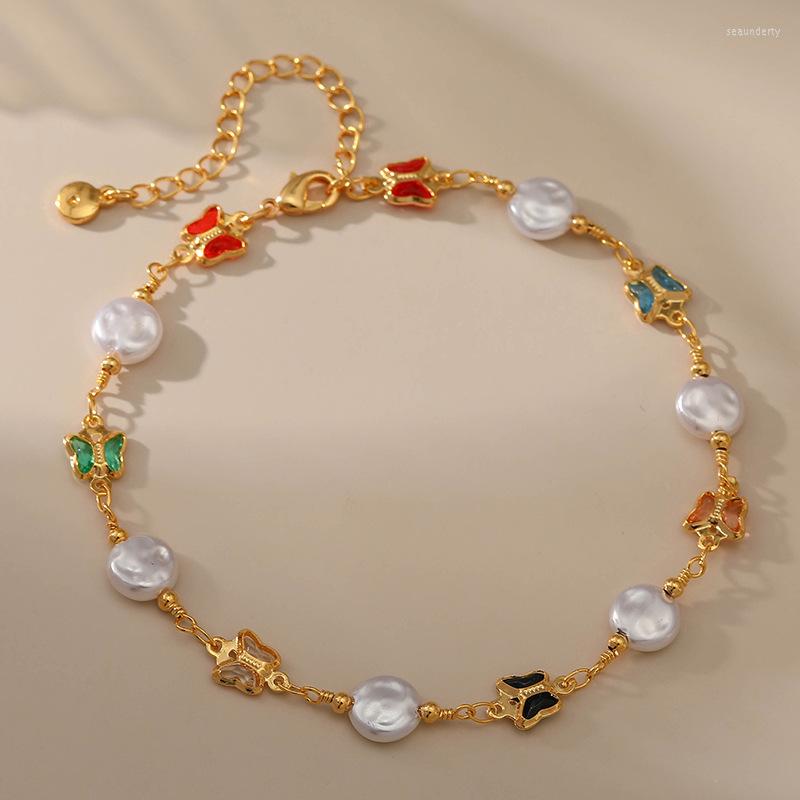 

Anklets Baroque Pearl With Butterflies Women Summer Natural White Butterfly Crystal Anklet Ladies Foot Boho Jewelry
