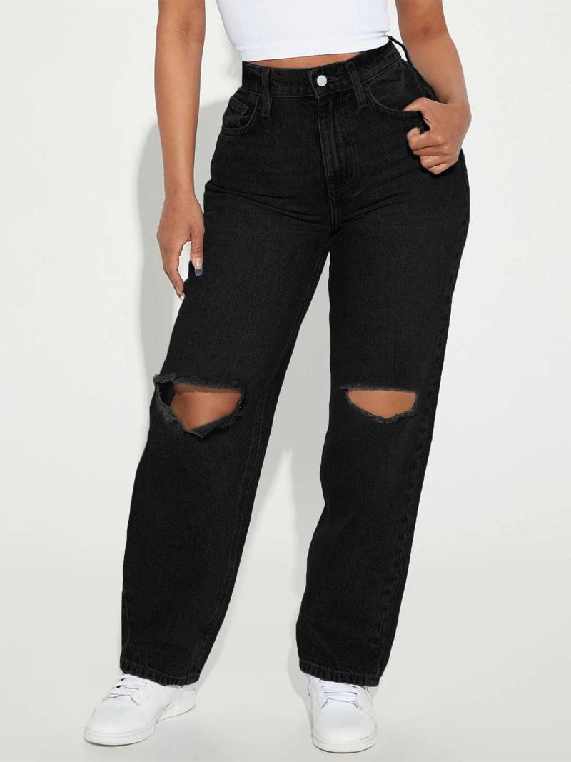 

Women' Jeans Women' Summer Fashion Black Straight Ripped Denim Solid Street