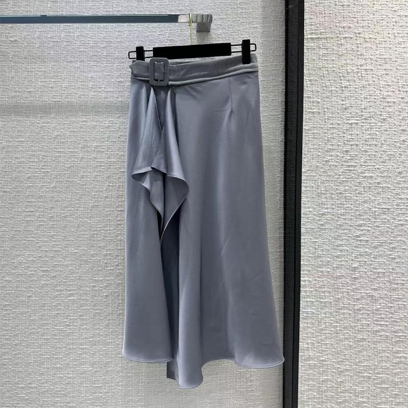 

Skirts Fashion Gray Color Soft Acetate Asymmetrical Womens Elegant High Waist Belt Streetwear Long Skirt