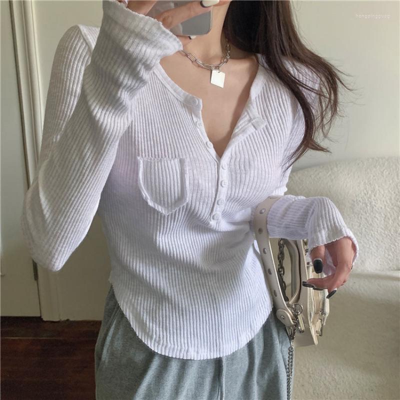 

Women' T Shirts Deeptown Korean Fashion Chic Irregular White T-shirts Women' Solid Color Long Sleeve Buttons Tops Y2k Coquette Slim, Black
